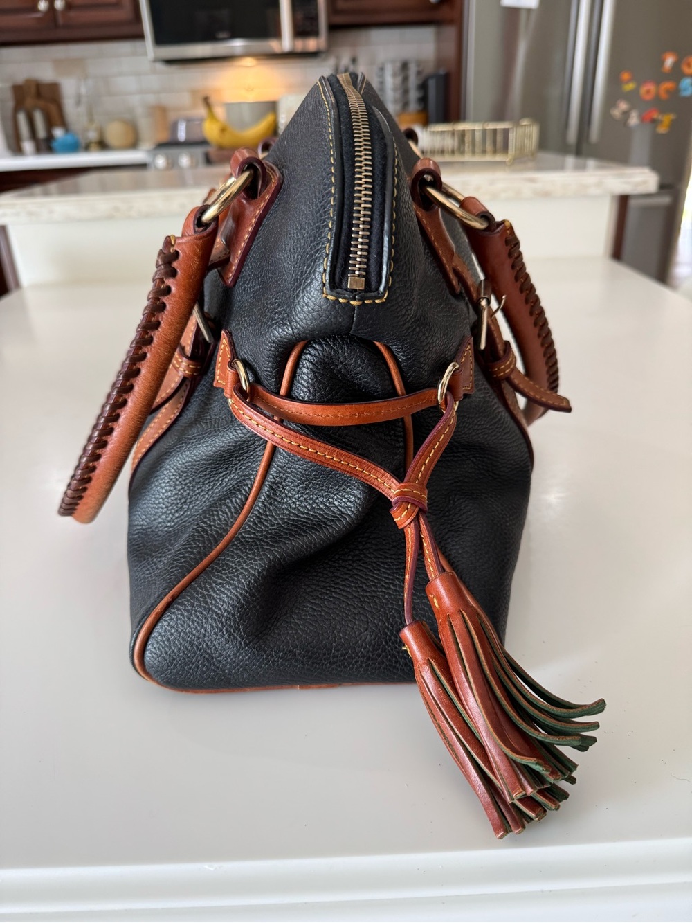 Dooney & Bourke Black Pebbled Leather Satchel with Brown Trim and Brass Hardware - Picture 4 of 11